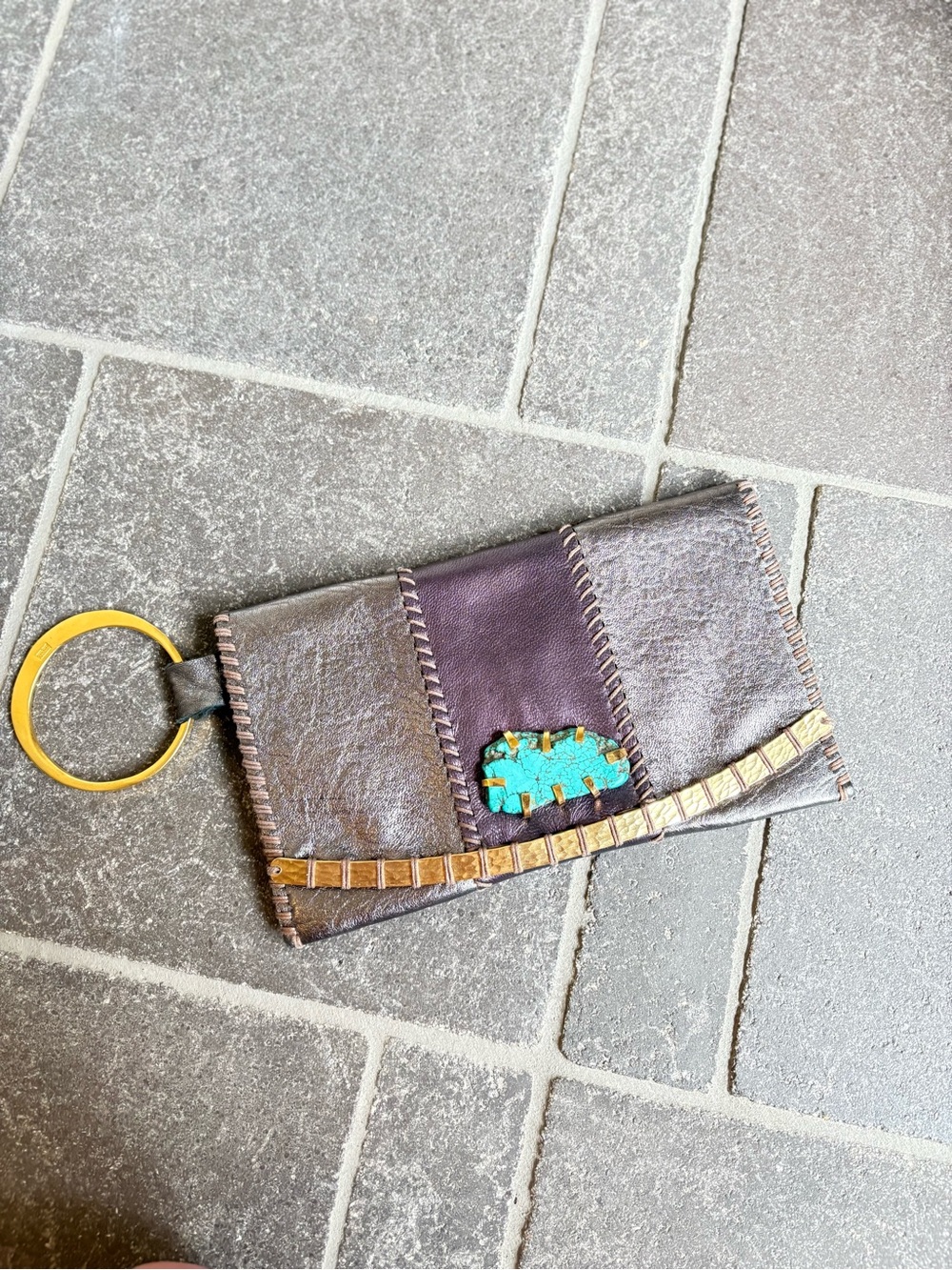 Handcrafted Metallic Leather Wristlet with Turquoise Accent by Rebecca Norman